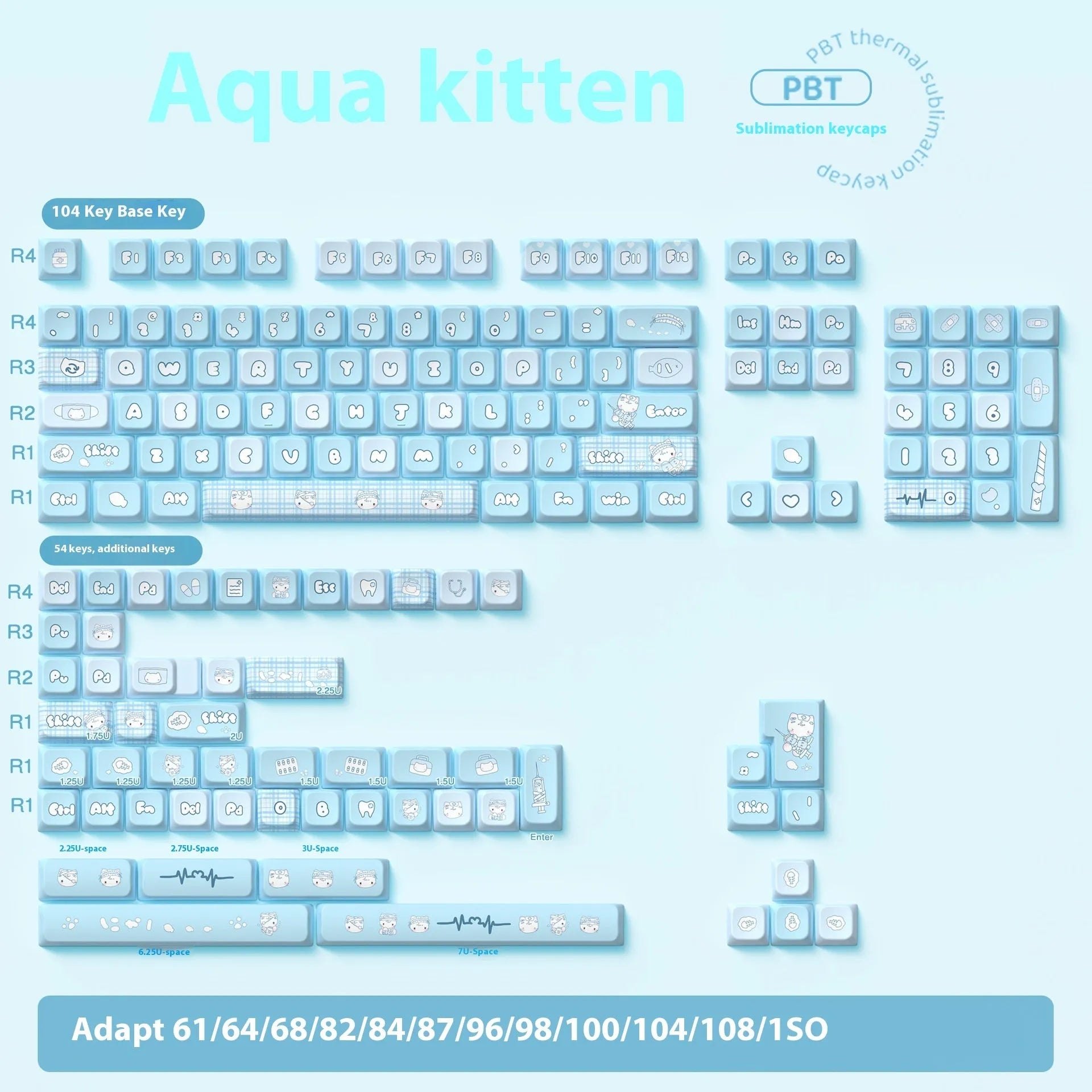 Watercolour cat design custom PBT keycap set for mechanical keyboards with 138 or 158 keys