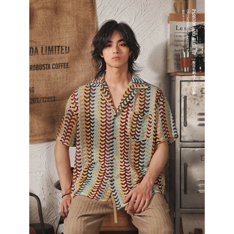 Japanese style Cuban collar short sleeve shirt in grey jacquard fabric with fleece lining