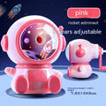 Blue astronaut-themed manual pencil sharpener with adjustable dial showing three sharpening levels