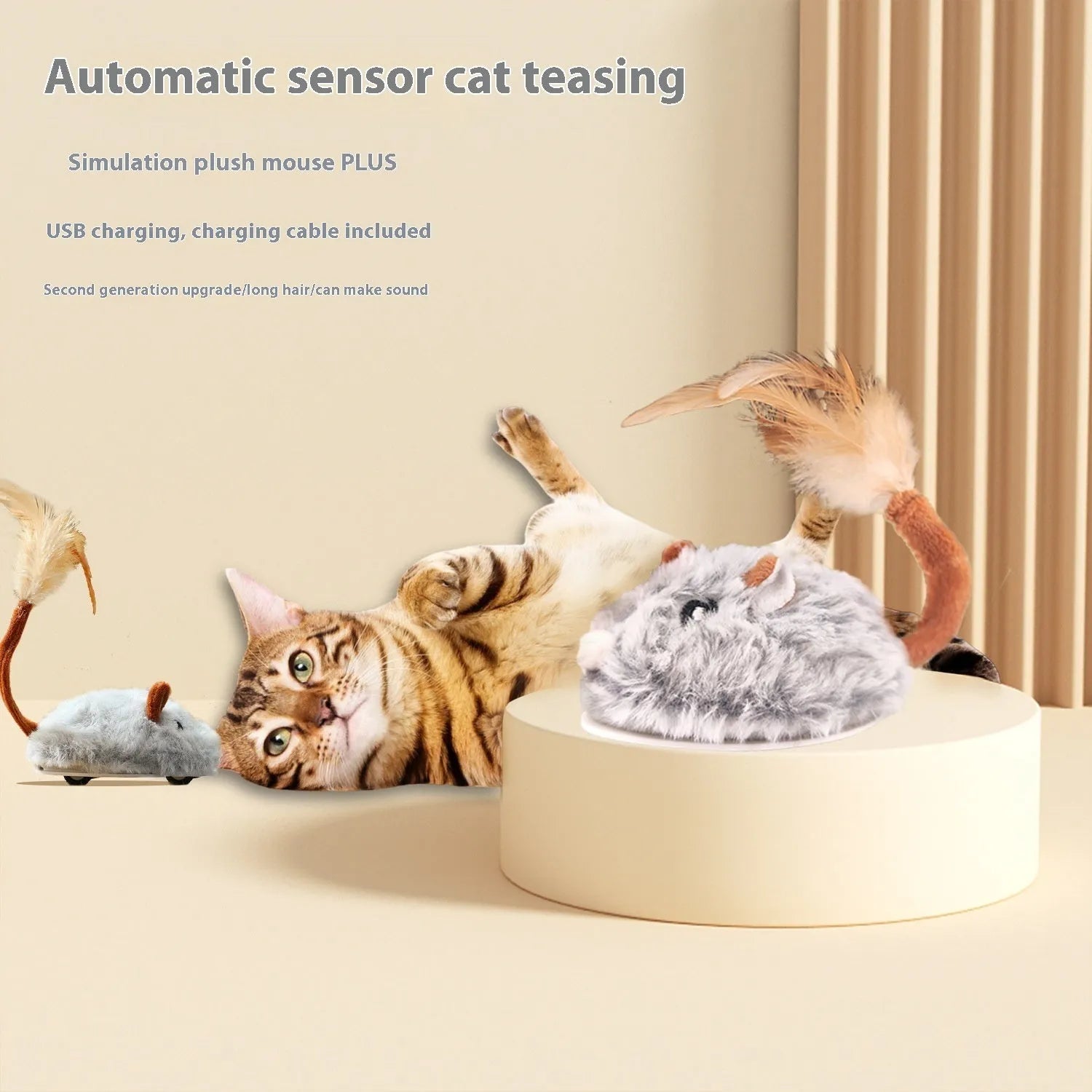 Self-charging electric mouse cat pole toy with plush mouse in pink, dark grey, or purple colours