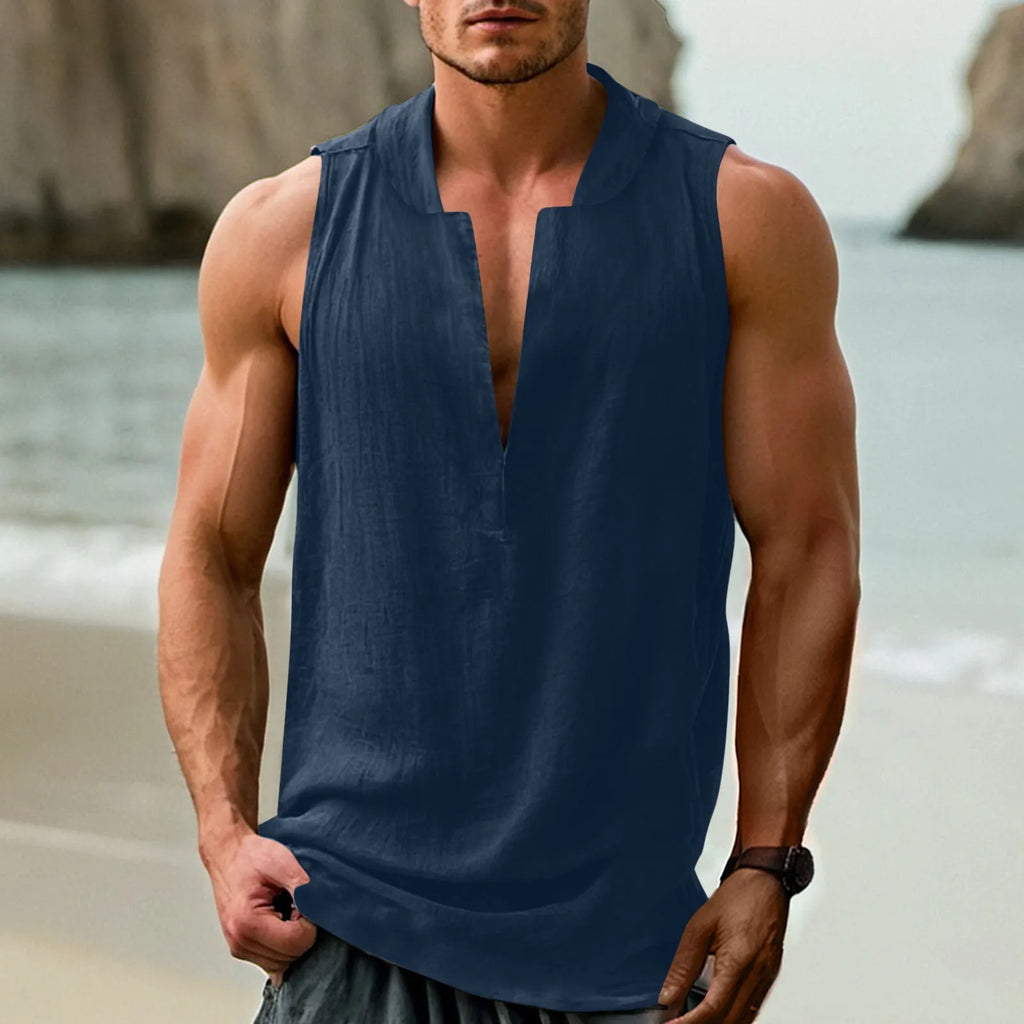 Men's casual sleeveless shirt in cotton and linen fabric on a hanger