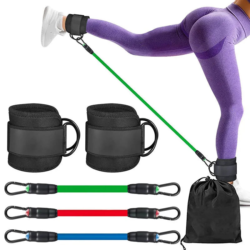 TPE yoga ankle tension bands with foot loops and storage bag for hip lifting exercises