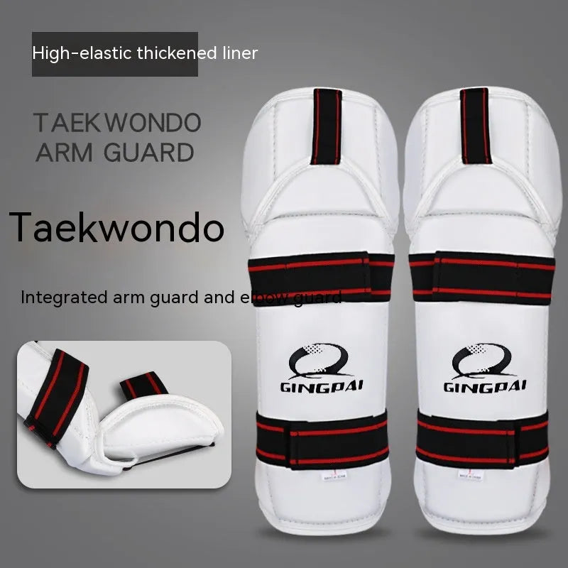 Taekwondo arm and leg protective gear set showing arm guards and leg protectors in standard sizing