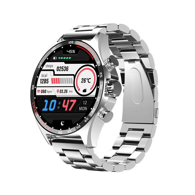Smart watch in black, silver, or gold with health monitoring display showing heart rate and step count