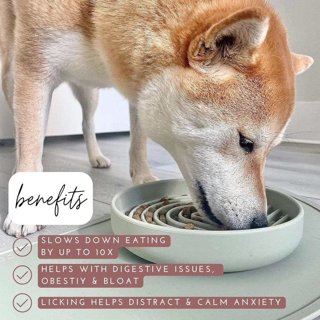 Silicone slow feeder dog bowl with ridges, shown in mustard green colour