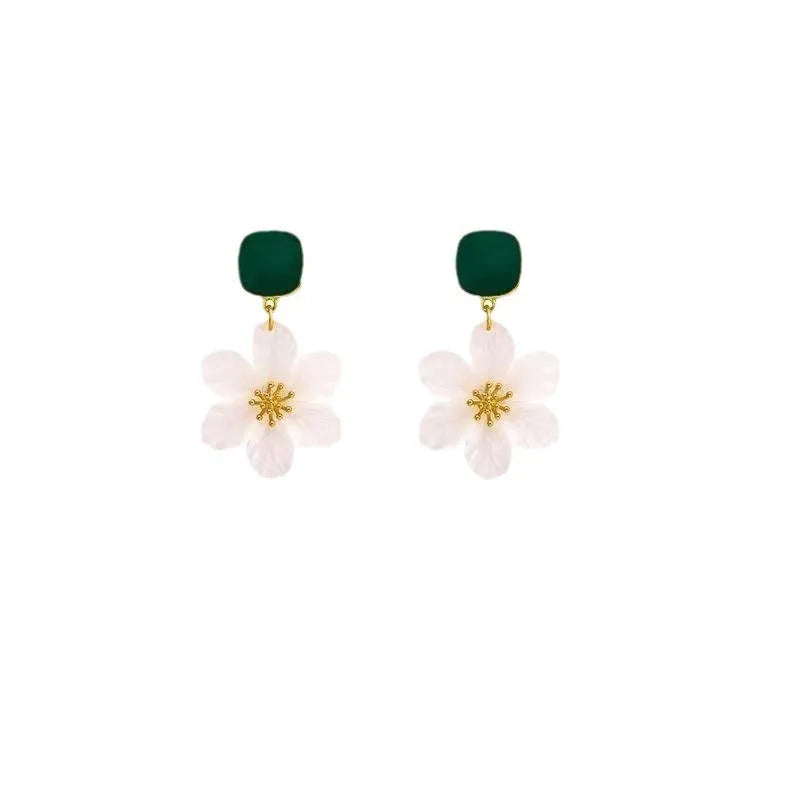 Dark green needle flowers sweet alloy earrings for women with floral dangle drop design