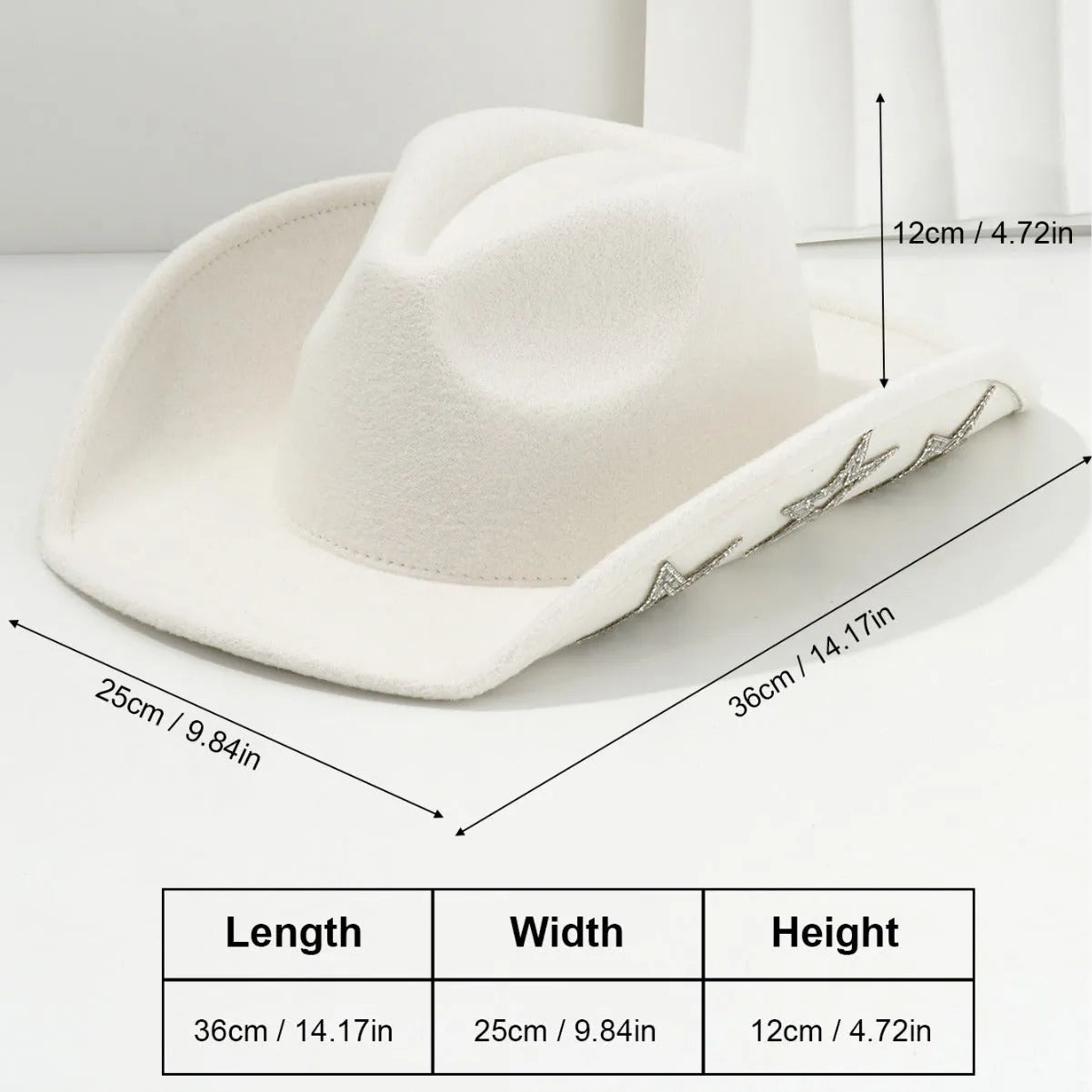Beige polyester Western denim top hat with a conical crown and a hexagonal star decoration on the front.