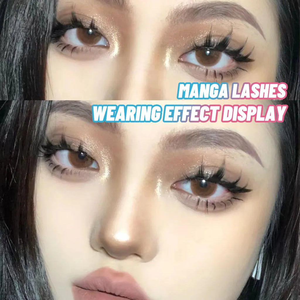 Three styles of manga false eyelashes in black with natural wispy design for anime cosplay makeup
