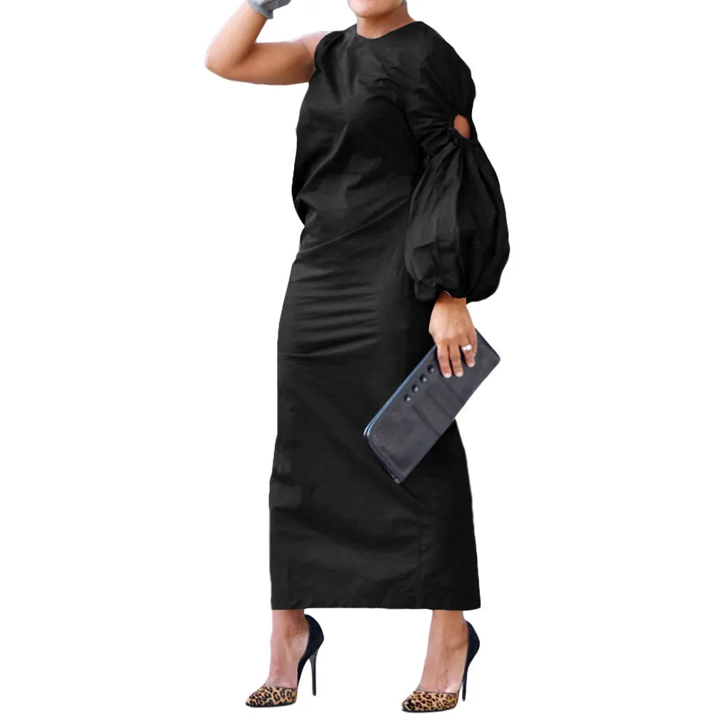 Long lantern sleeve side slit dress with elastic waist in solid colour, available in black army green white yellow sizes S to 3XL