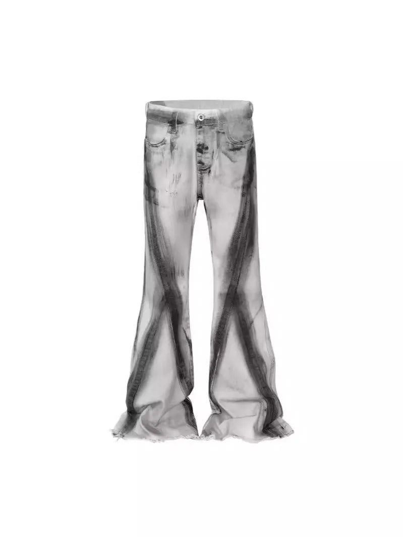 Retro heavy rough selvedge jeans in black ribbon gradient wash with straight leg and zip fly