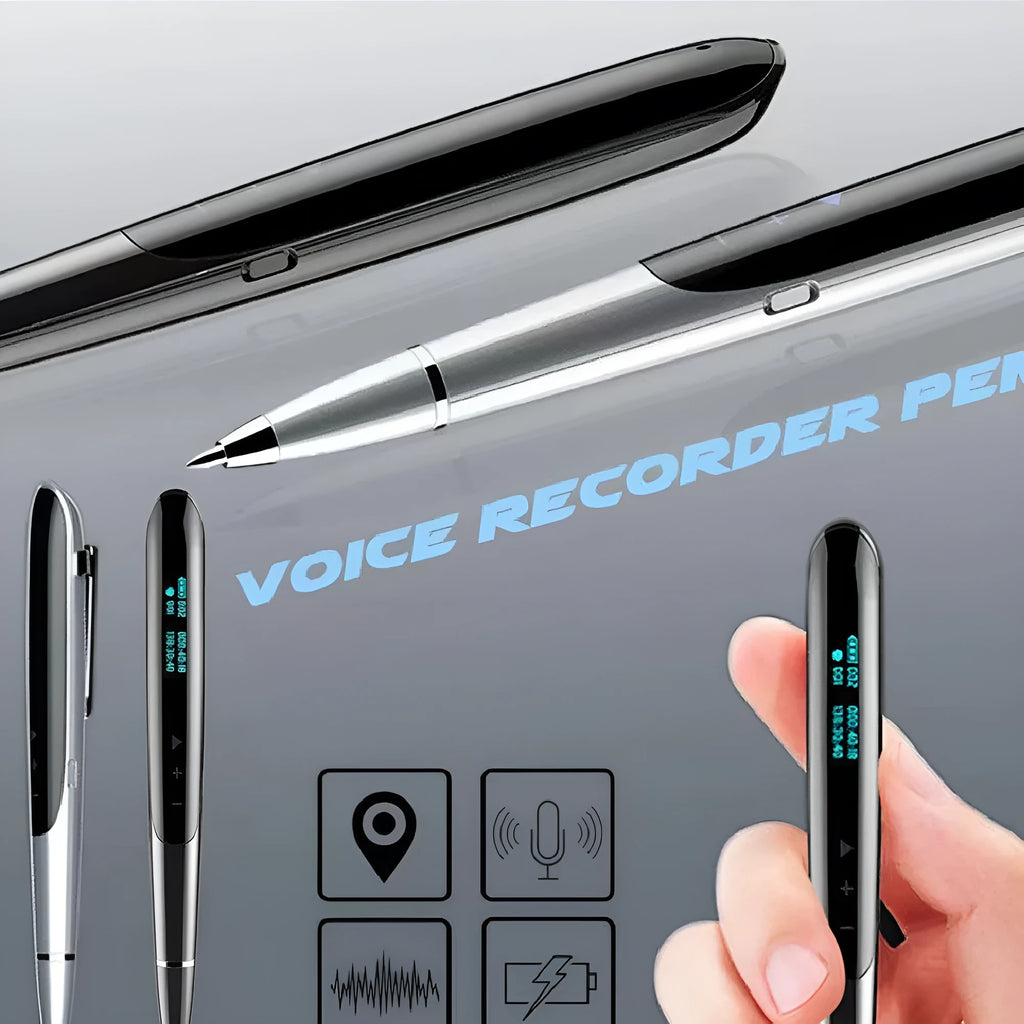 Black and silver lossless recording pen with OLED display screen on a zinc alloy pen-shaped body.