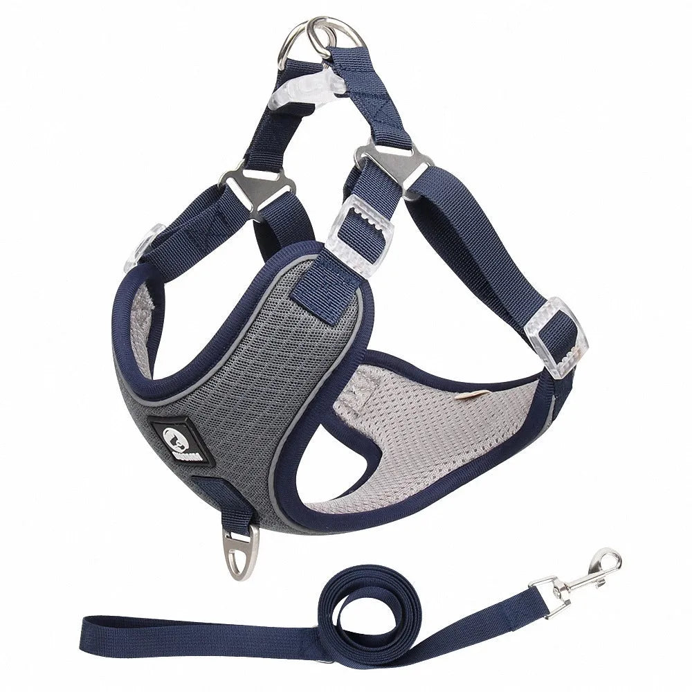 Adjustable mesh dog harness with reflective piping in black, red, gray, or light purple colours