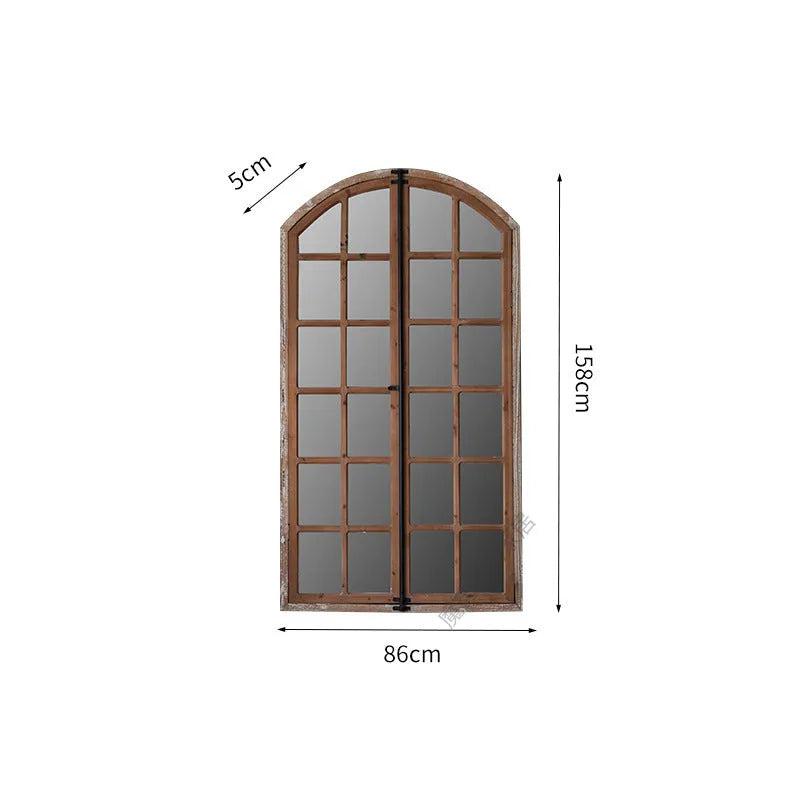 Distressed wooden frame fake window wall mirror in log colour