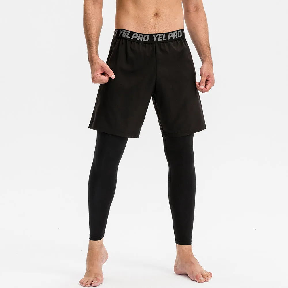 Men's grey quick-drying high elastic tight sports pants for fitness and running.