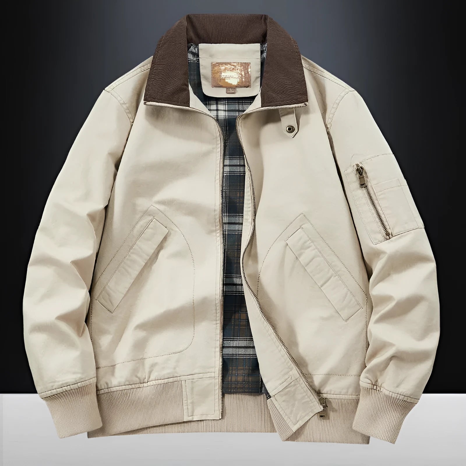 Men's washed cotton baseball jacket in Army Green, shown on a hanger.