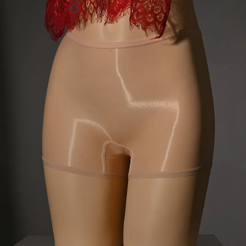 Men's shiny underwear stockings in seamless open style with mid waist design