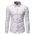 Men's metal bronzing printed lapel shirt in polyester fabric with cardigan style and long sleeves