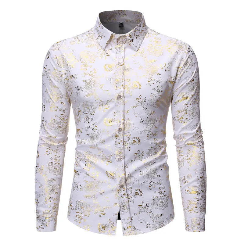 Men's metal bronzing printed lapel shirt in polyester fabric with cardigan style and long sleeves