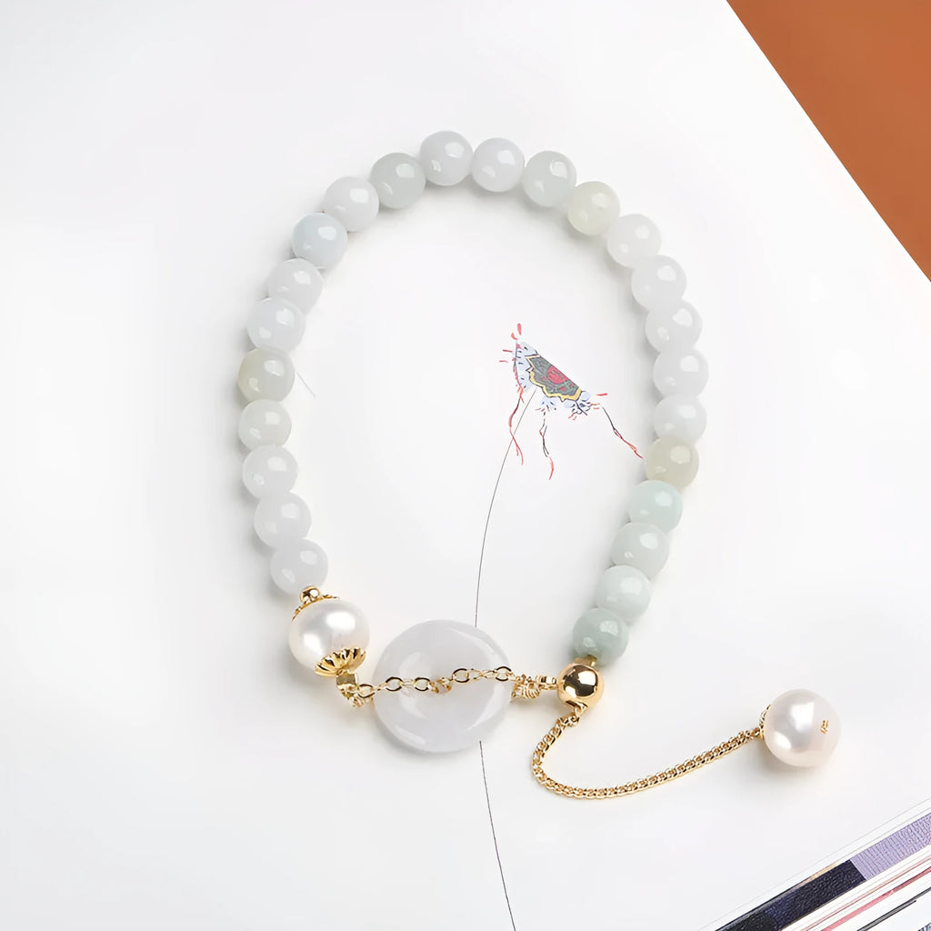 Natural emerald peace buckle pearl bracelet with jade pendant and pearl beads