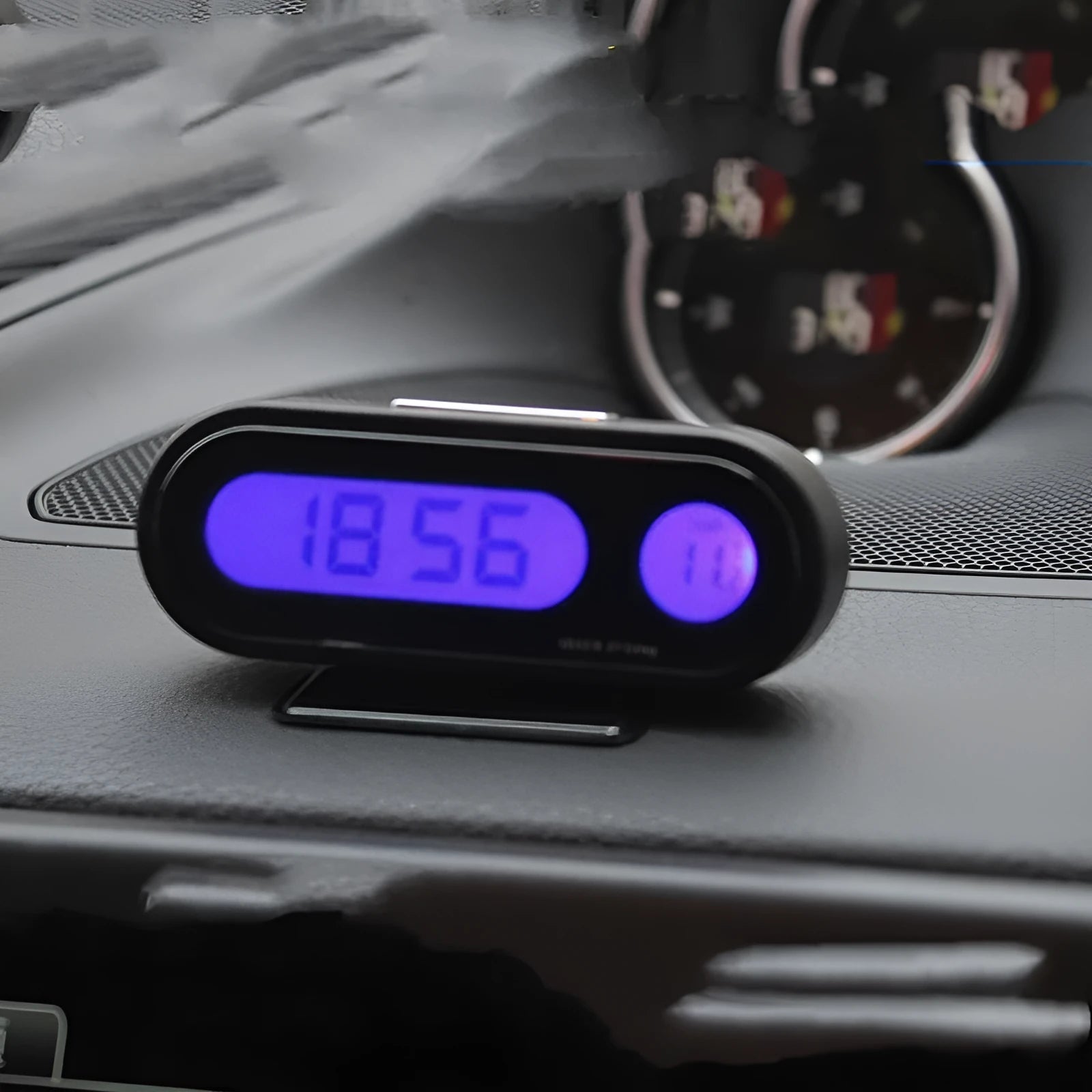 Black car dashboard clock thermometer with LED digital display and adjustable bracket