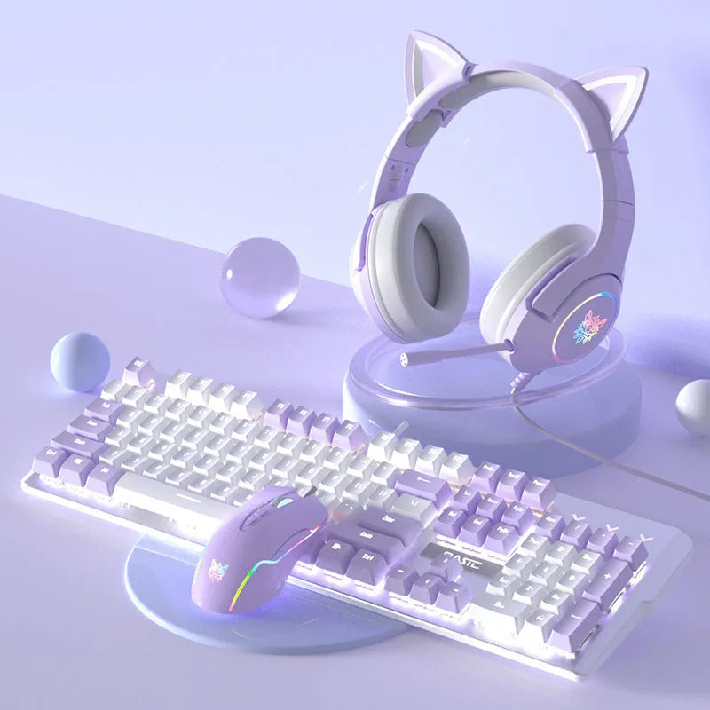 White and purple wired mechanical keyboard and mouse combo set with backlight on a desk.