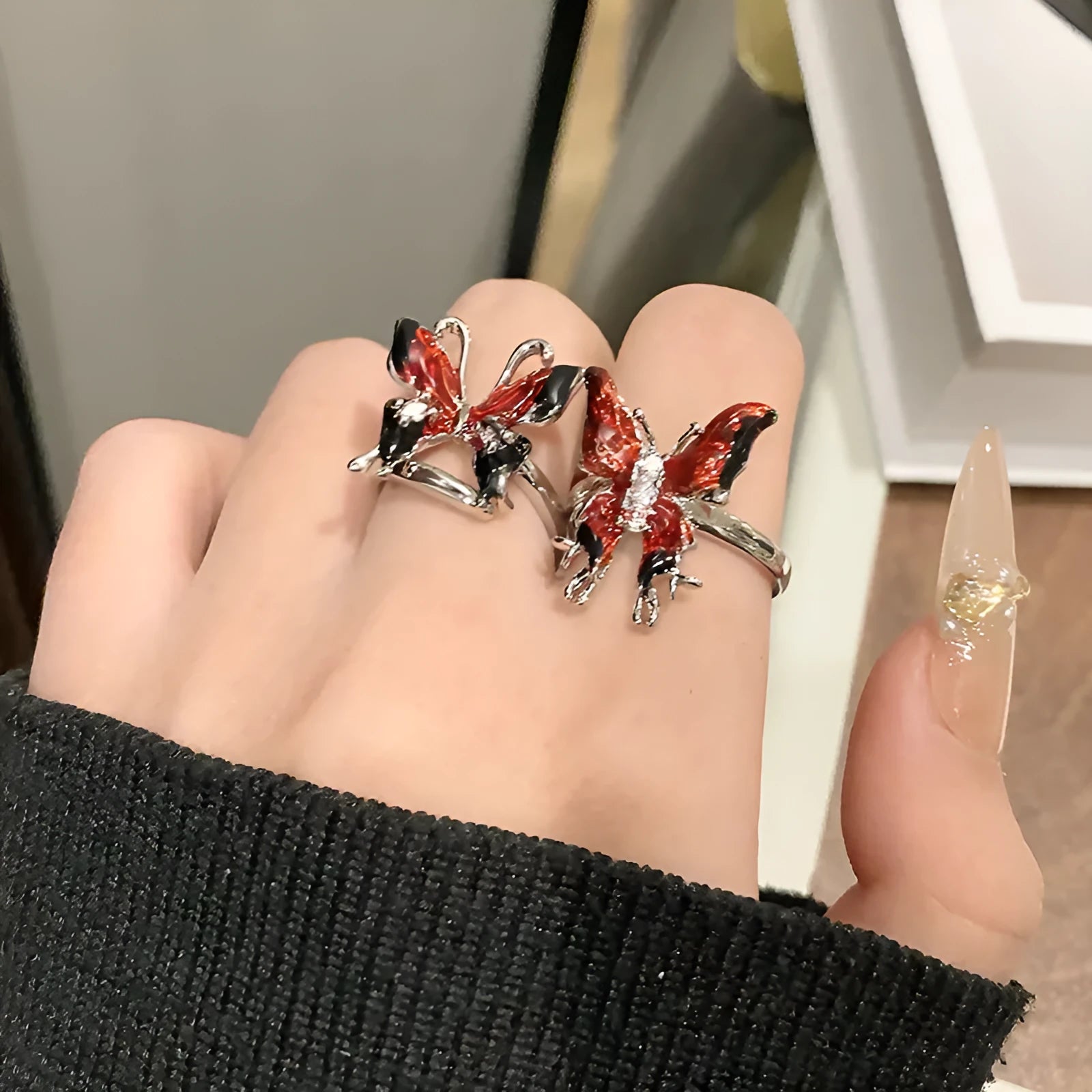 Copper Chinese butterfly women's ring showing creative design with oil dripping treatment finish