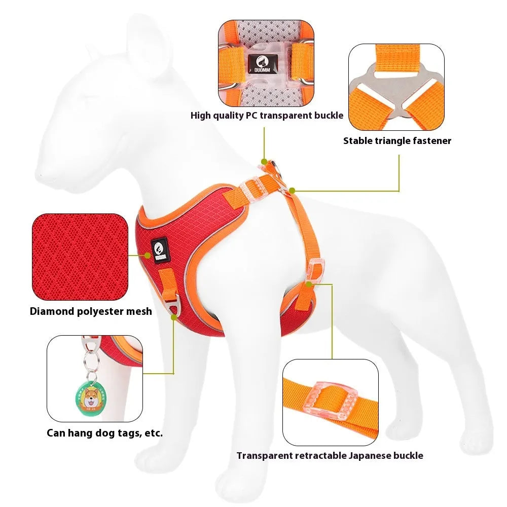 Adjustable mesh dog harness with reflective piping in black, red, gray, or light purple colours