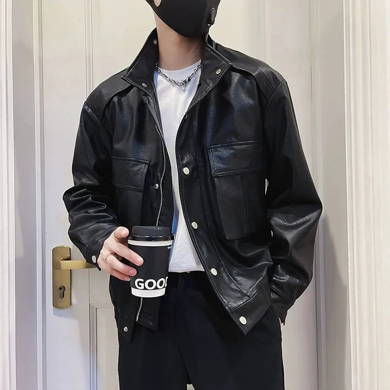 Men's black Korean-style PU leather jacket with straight hem and side pockets for spring and autumn wear