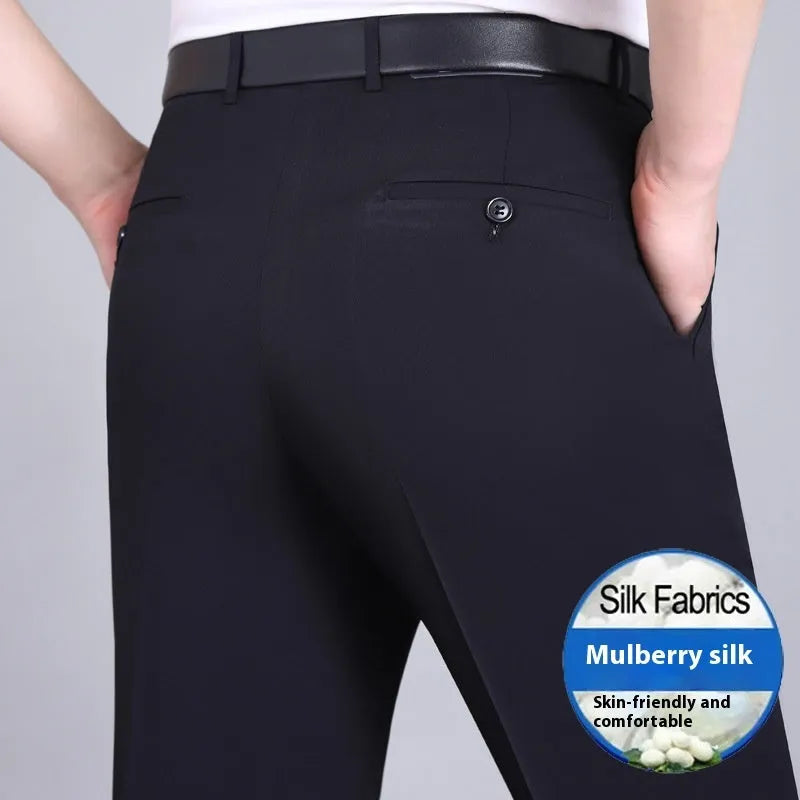 Men's straight-leg business trousers in mulberry silk blend fabric with high waist design