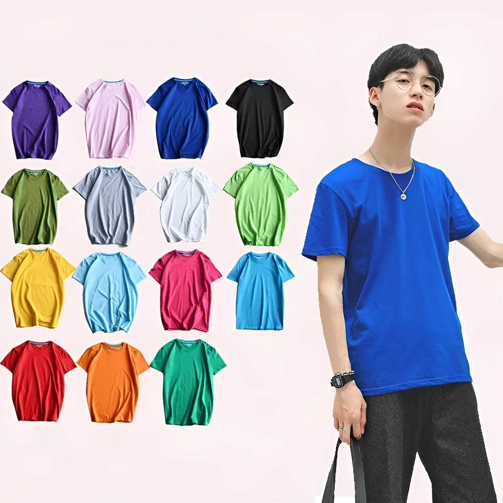 Men's solid colour cotton round neck t-shirt on hanger showing short sleeve design