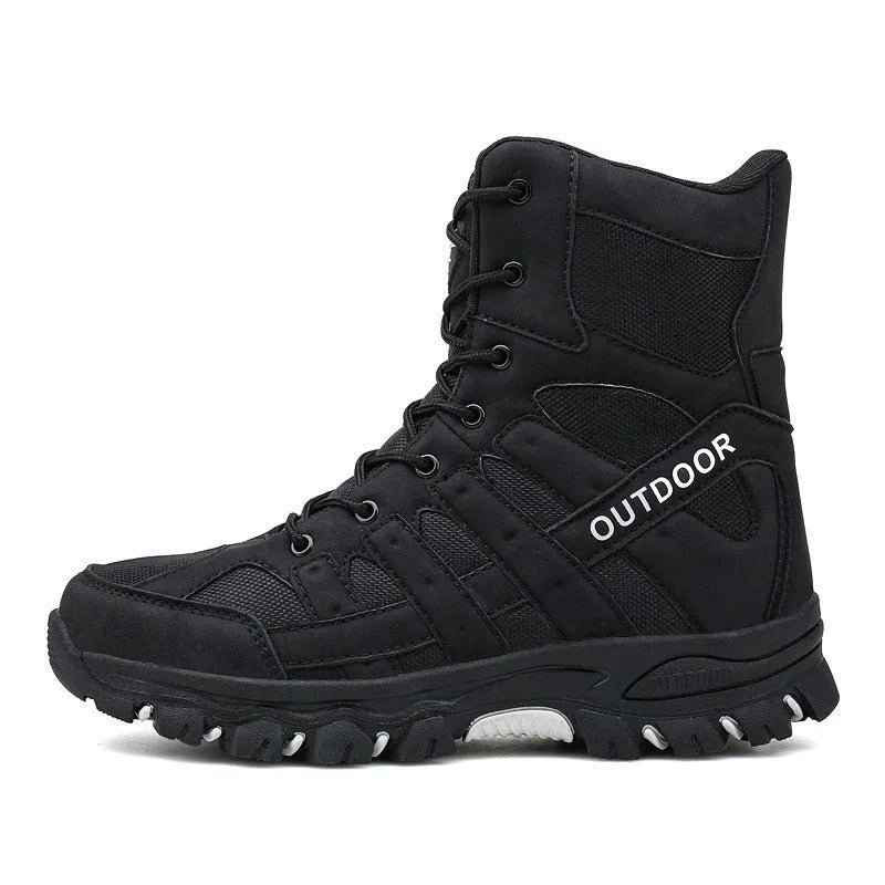 Men's tactical high-top outdoor mountaineering boots with wear-resistant rubber outsole in black