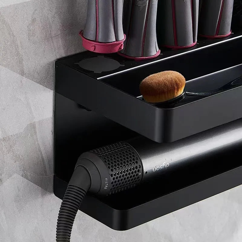 White double-layer aluminium bathroom storage rack with Marcel Waver shape holding hair curlers