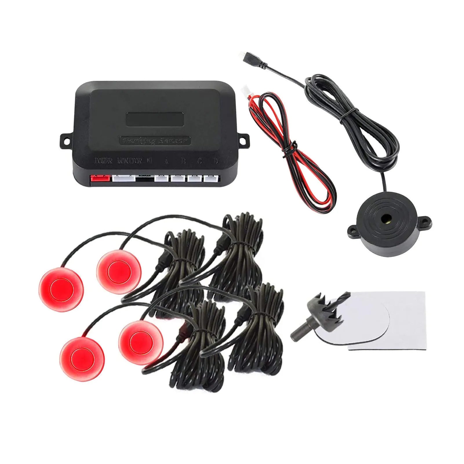 4-probe car parking sensor system with buzzer alert module, sensors in multiple colours, hole saw and installation cables