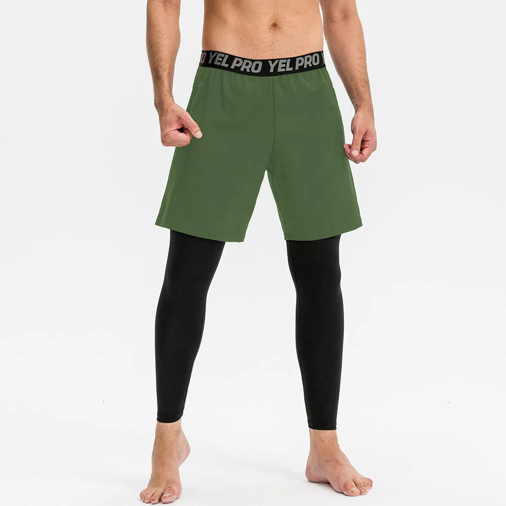 Men's grey quick-drying high elastic tight sports pants for fitness and running.