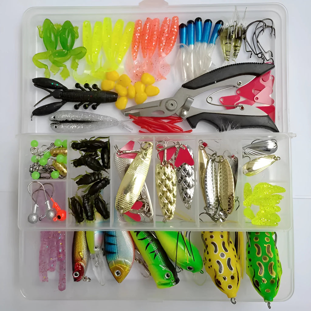 142-piece fishing lure kit with hard minnow lures, sequins, fishhooks, and metal fishing pliers laid out.