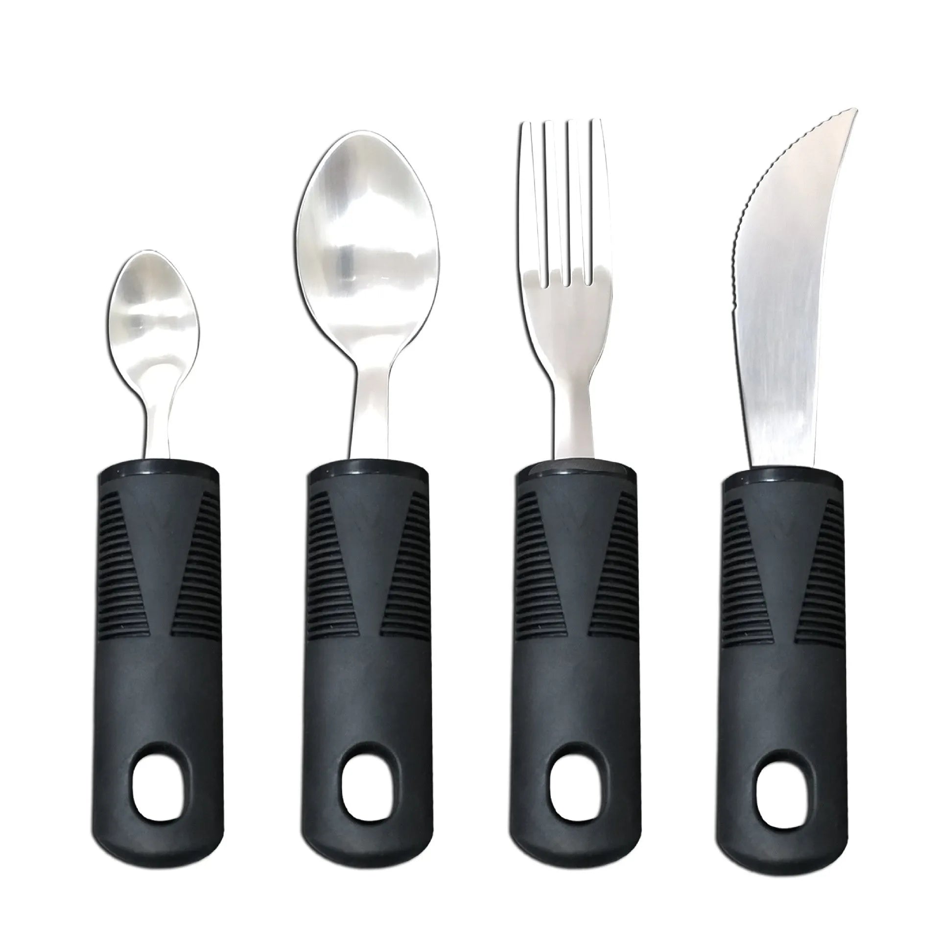 Stainless steel adaptive eating utensils with rubber anti-shake handles for elderly dining assistance