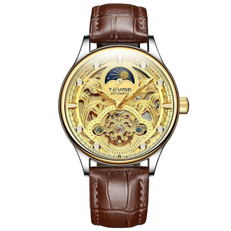 Gold and white leather strap automatic waterproof men's business watch
