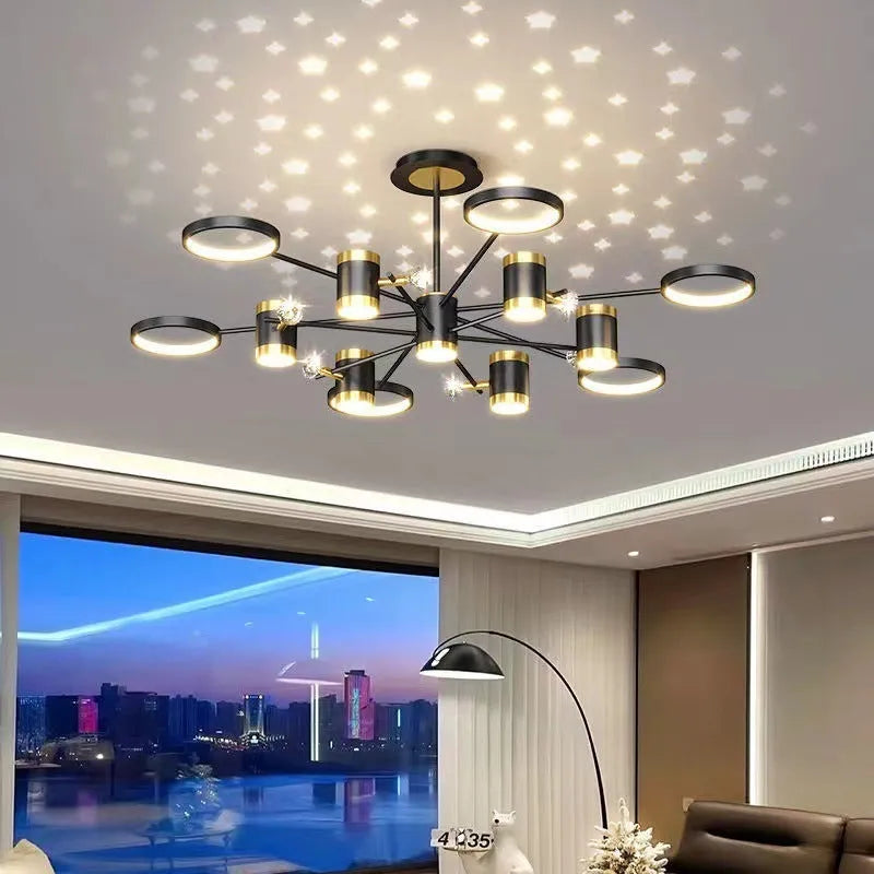 Black iron chandelier with 13 light heads and adjustable suspension