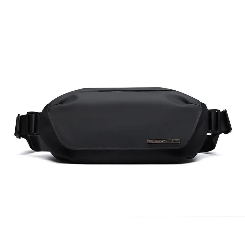 Black Oxford cloth men's messenger bag with a one-shoulder riding strap.