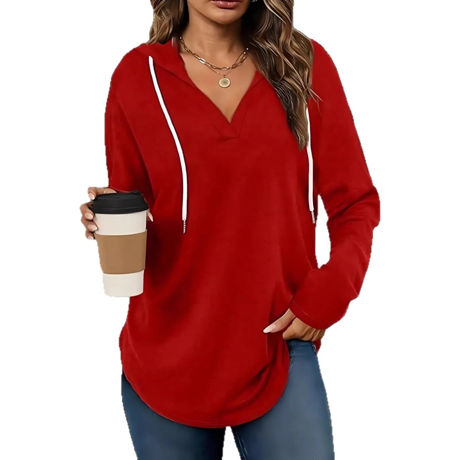 Women's V-neck sweatshirt in black and red colours with long sleeves