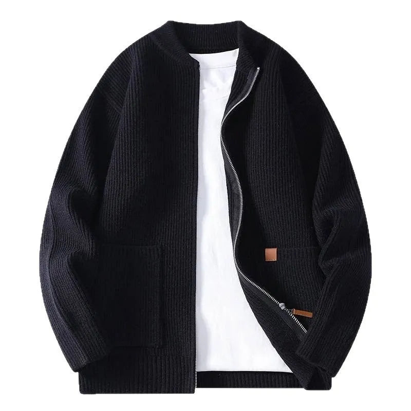 Men's beige striped straight fit cardigan jacket on a hanger