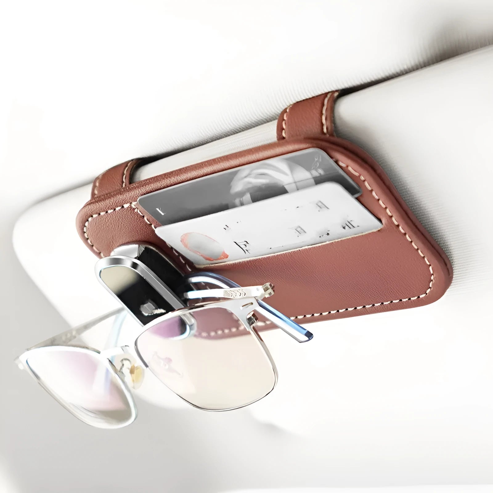 Cowhide leather automotive sun visor card holder with glasses clip in multiple colour options