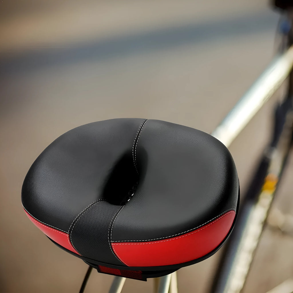 Thickened plus size bicycle saddle with PU pattern in red, grey, or light brown colours