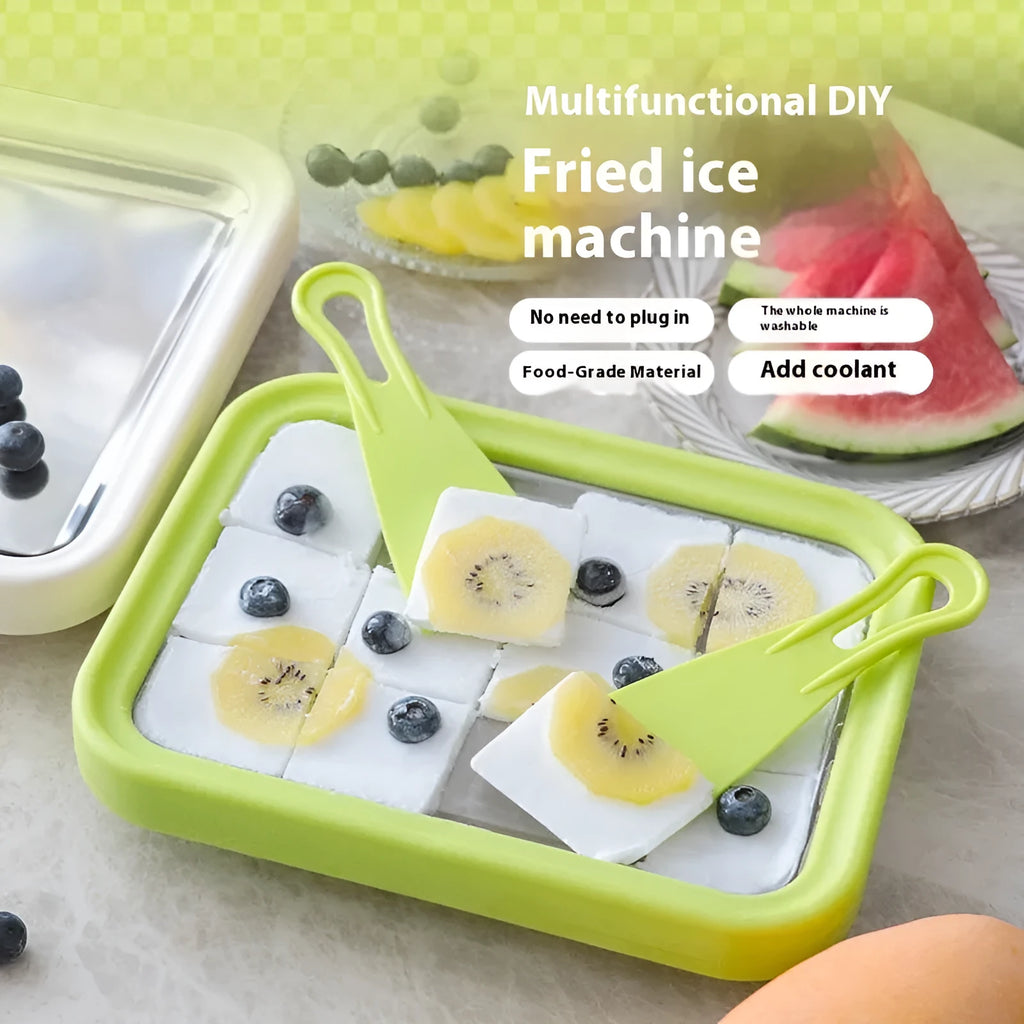 Green handheld fried yogurt machine with 22.5x17.5 cm dimensions and aluminum gasket