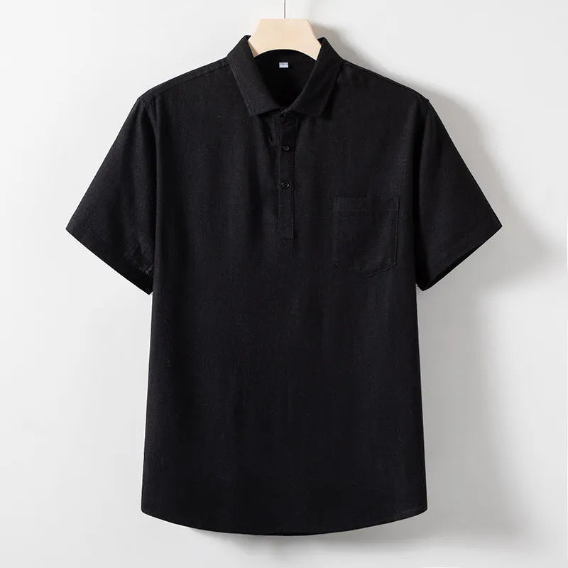 Men's loose fit linen T-shirt with a lapel collar in optic linen colour.