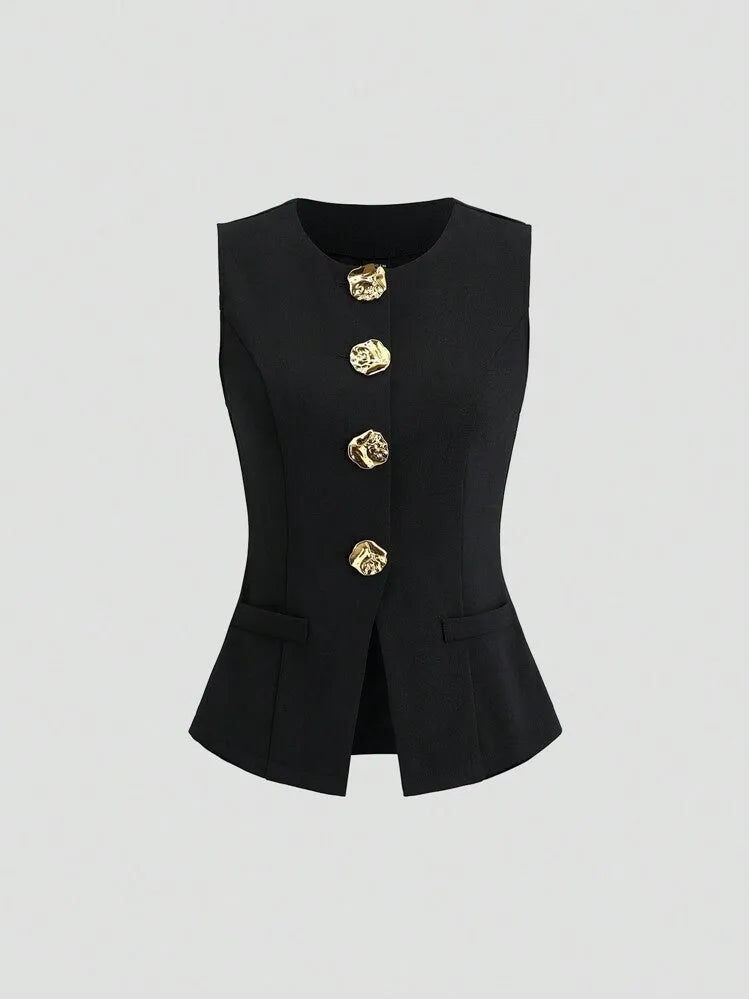 Women's cotton sleeveless vest round neck waist-tight fit solid colour black front view