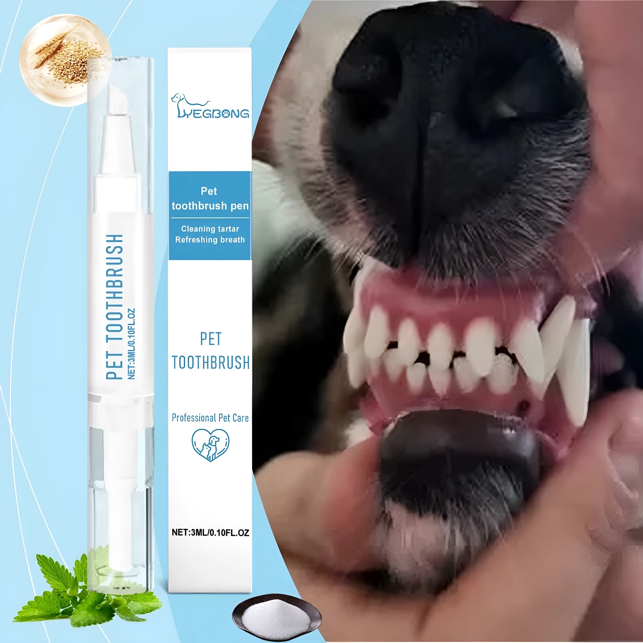 Pet toothbrush pen with integrated 3ml breath freshening gel reservoir for dog and cat dental care