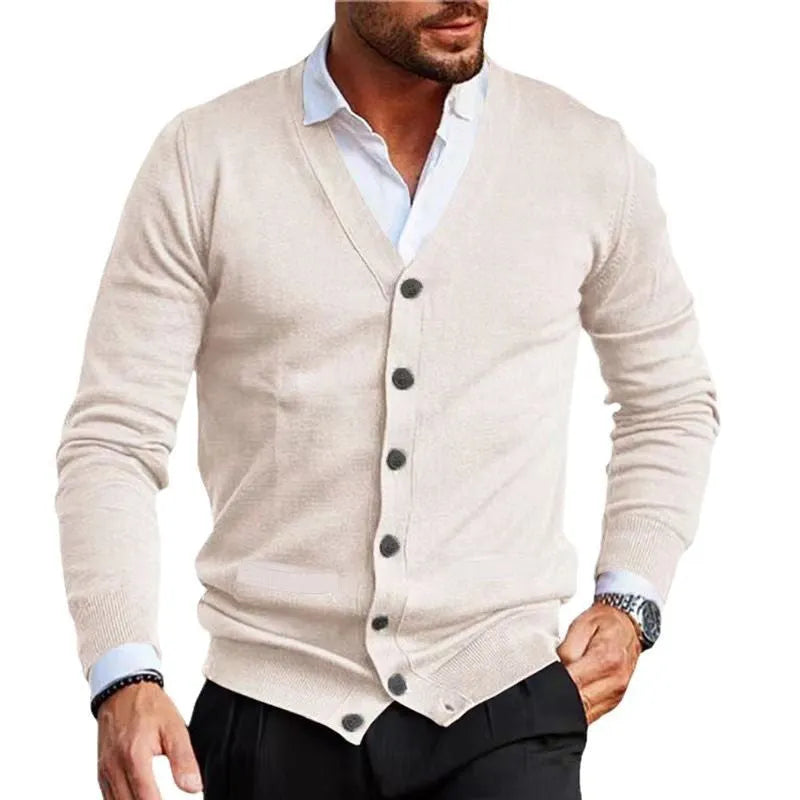 Men's slim fit acrylic cardigan sweater in dark grey, shown as a casual autumn winter layer.
