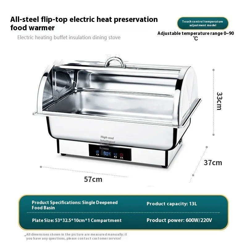 Stainless steel electric buffet stove with transparent flip-top lid and LCD temperature control display