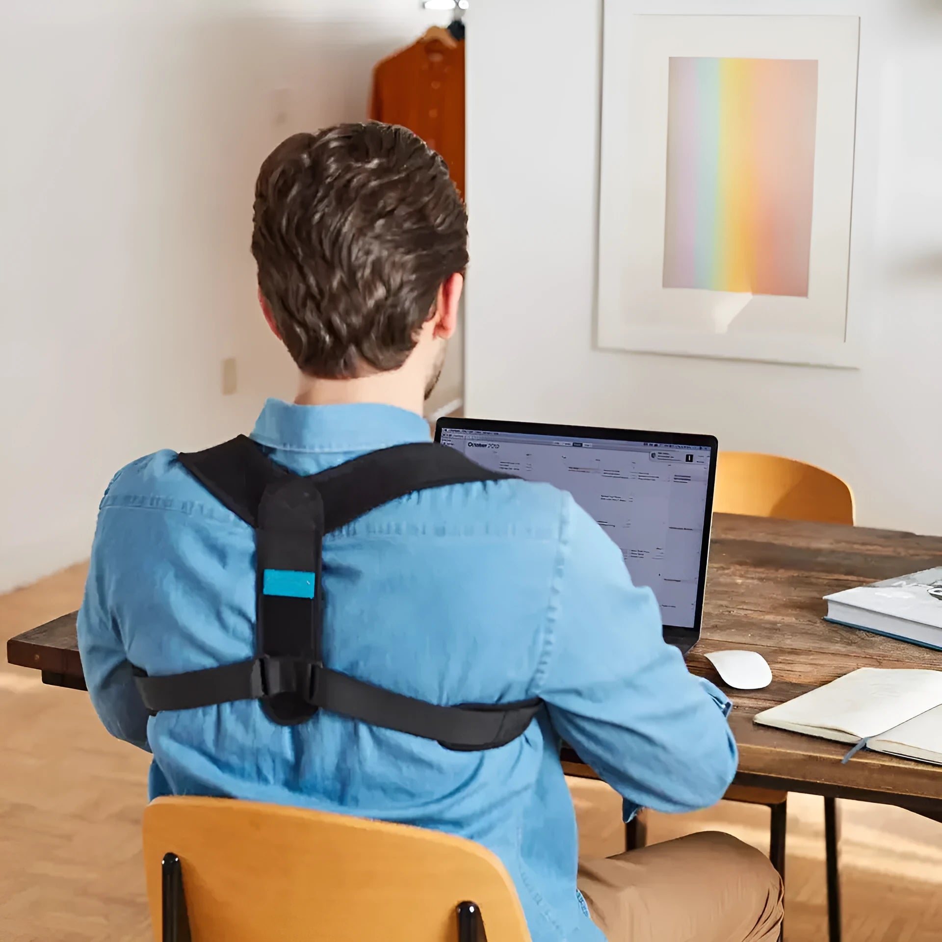 Black adjustable posture correction strap with elastic construction for back support